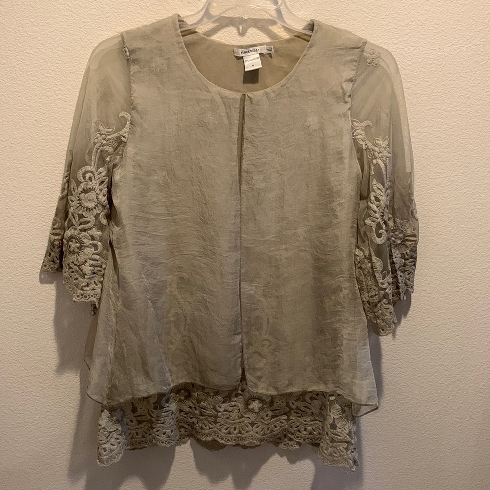 Womens Tan Lace Neutral Dressy Top for Spring, Summer&Fall. Lining under Lace/S.